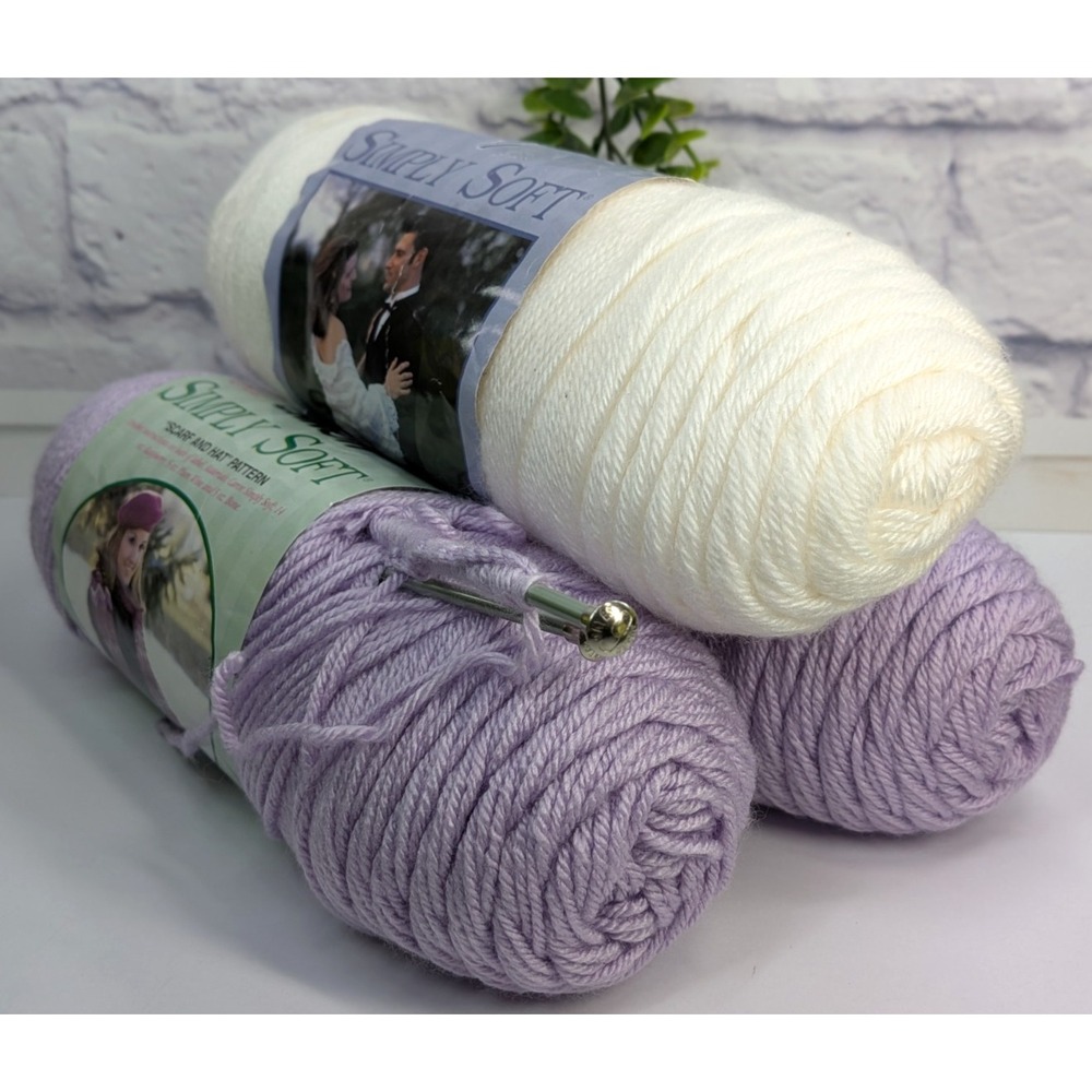 😍Vtg Caron Simply Soft Yarn 100% Acrylic Lot 3 Skeins White9901 Orchid9717 Knit